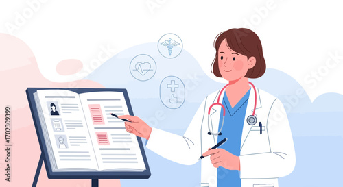 Medical Professional Explaining Patient File with Healthcare Symbols in the Background