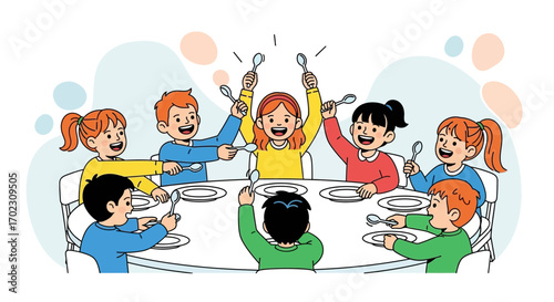 Joyful Children Gather Around Table for Collaborative Eating, Sharing Positive Moments