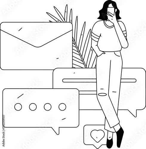 Stylish woman capturing moments with phone amidst social media icons, conveying modern connection and digital lifestyle, perfect for marketing, branding, and online engagement campaigns