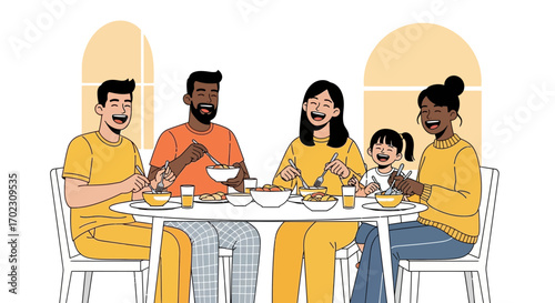 Joyful Family Shares A Festive Meal Around A Table Together Having Fun Times