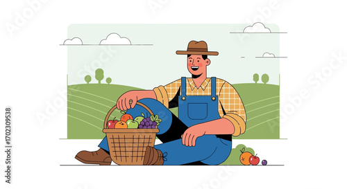 Joyful farmer with a basket of fresh fruit in a rural field during harvest season.