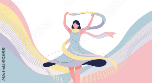 Joyful Figure Dancing amidst Abstract Pastel Swirls in Graceful Celebration