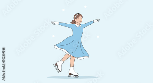 Joyful Figure Skater Performing Gracefully on Ice during a Snowy Day in Winter