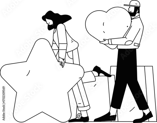 Dynamic duo building dreams, a man carrying a heart and a woman leaning on a star, symbolising ambition and love, perfect for inspirational campaigns and motivational messages about teamwork