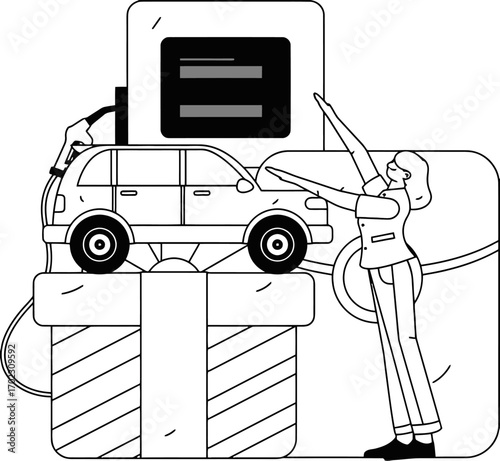 Modern line art illustration of a woman presenting a car as a gift, perfect for automotive promotions, holiday sales, and transportation advertising, conveying a sense of value and excitement