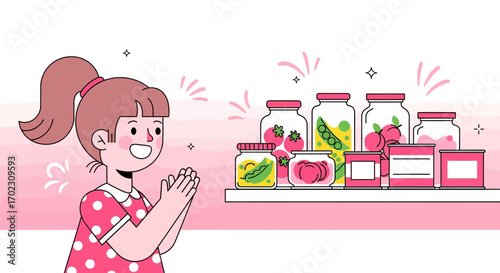 Joyful Girl Admiring Preserved Foods in Jars and Cans on a Shelf Illustration