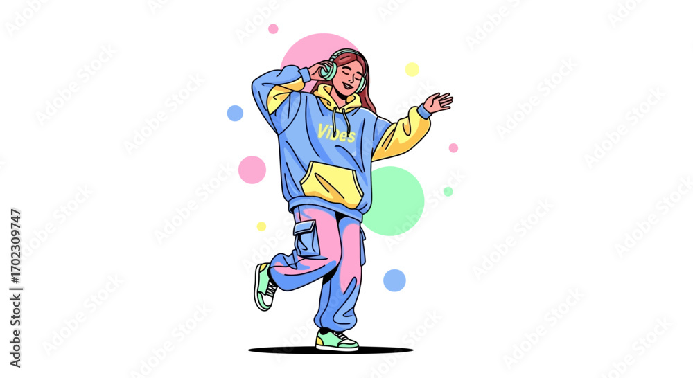 Naklejka premium Joyful Illustration of a Person Dancing While Listening to Music on Headphones