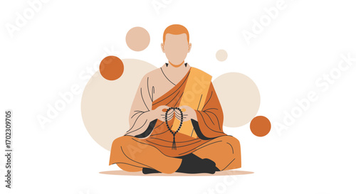Meditating Monk Illustration on White with Geometric Shapes, Symbolic of Peace and Calm
