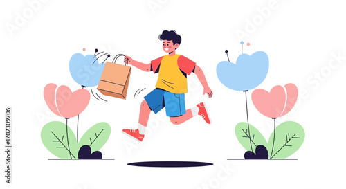 Joyful illustration of a boy running with a shopping bag and flowers, minimal and simple