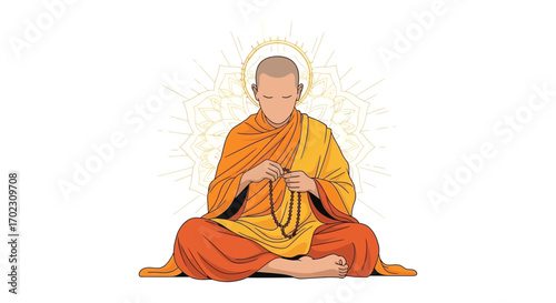 Meditating Monk Wearing Traditional Garb With Rosary and Geometric Spiritual Background