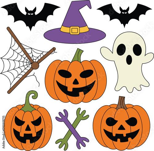 Nice hand drawn collection of halloween attributes vector illustration on white background