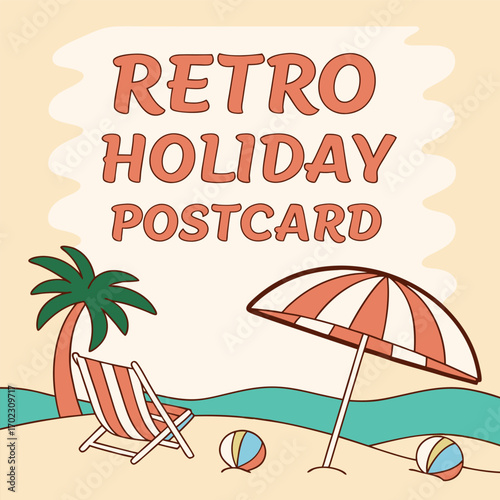 Retro holiday postcard featuring colorful beach chairs with a bold vintage design perfect for festive greetings and seasonal celebrations
