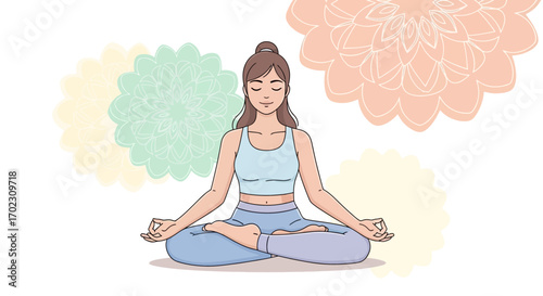 Meditating Woman In Lotus Position Surrounded By Mandala-Like Decorative Elements