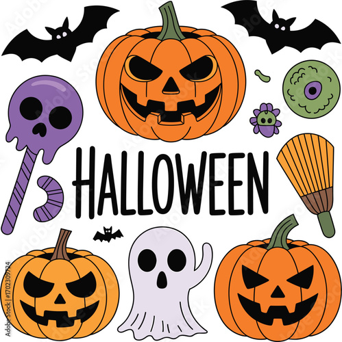 Nice hand drawn collection of halloween attributes vector illustration on white background