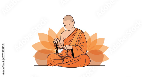 Meditation concept illustration with monk sitting in lotus position and orange background
