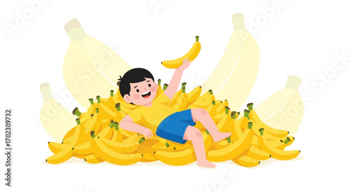 Joyful illustration of a child relaxing in a pile of fresh ripe bananas