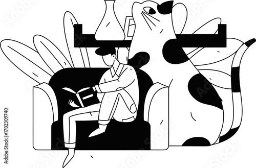 Cozy reading scene with a character immersed in a book on a comfortable couch, next to a curious cat and a stylish lamp, creating a relaxing and inviting atmosphere for book lovers