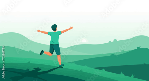 Joyful illustration of a person running enthusiastically in a serene, green landscape