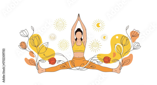 Meditative Exercise Depiction Combining Abstract Florals And Solar Elements For Wellness Content