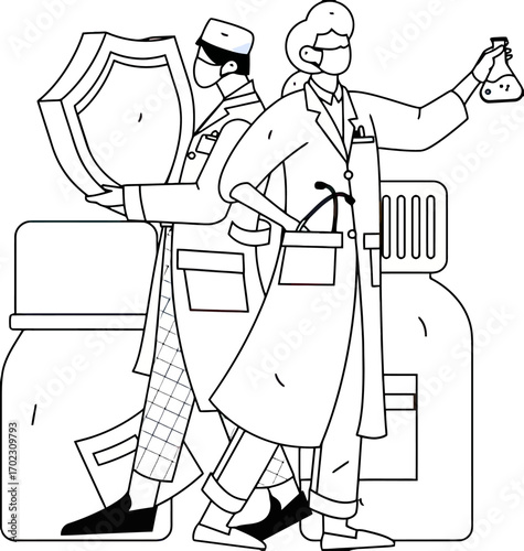 Sketched medical professionals showcasing vaccine bottle and shield, illustrating protection and healthcare innovation, ideal for presentations and reports about medical advancements and safety