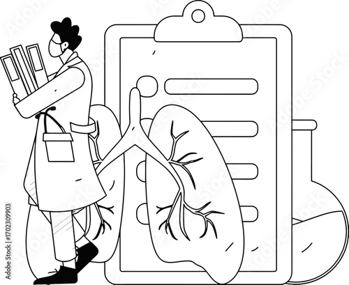 Doctor wearing mask holding patient files alongside lung illustration, ideal for medical campaigns, healthcare initiatives, and respiratory health awareness promotions during flu season