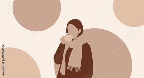 Minimalist illustration of a person drinking coffee or tea in a cozy setting