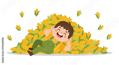 Joyful Lad Relaxing Amidst Abundant Golden Corns, A Bountiful Harvest Scene