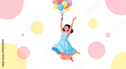 Joyful little girl with colorful balloons flying in a dreamy and colorful background