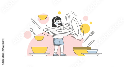 Joyful little girl spinning plates while playing with food in a playful illustration