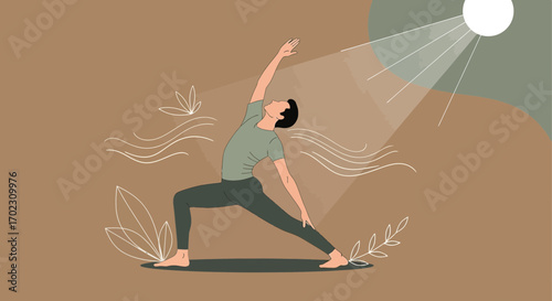 Minimalist illustration of person performing yoga pose with sun and decorative elements