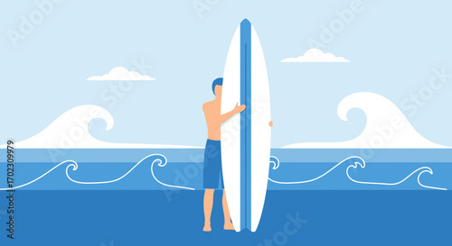 Minimalist Seascape Depicting Adventurous Surfer Holding Surfboard With Clear Sky Backdrop