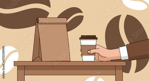 Minimalistic Coffee Cup and Paper Bag on Wooden Table Amidst Coffee Bean Background