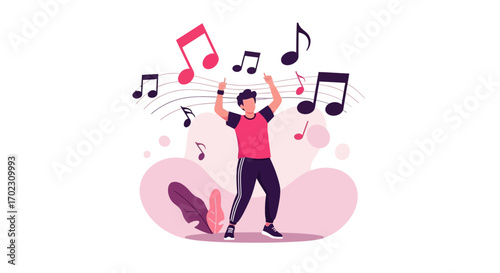Joyful man dancing with musical notes representing music and enjoyment in a flat style