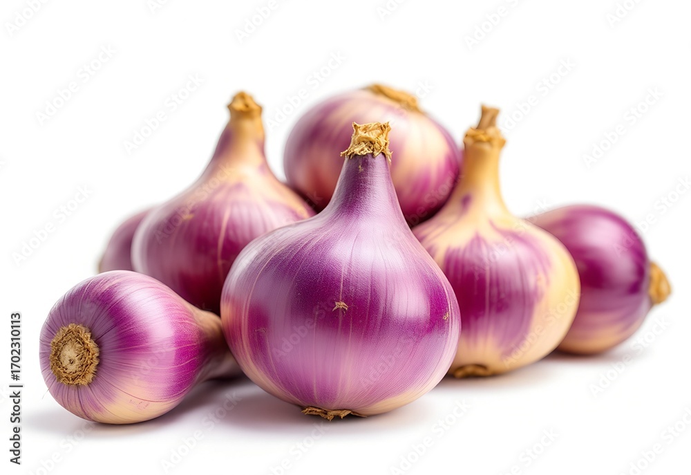 Fototapeta premium Fresh purple onions arranged in a pile on a white background