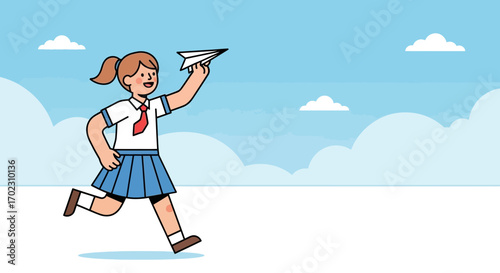 Joyful Schoolgirl Launching a Paper Airplane Towards a Bright, Cloud-Filled Sky