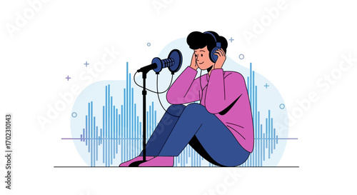 Modern Podcaster Recording Audio Content With High Quality Equipment, Colorful Design