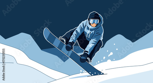 Modern Winter Snowboarding Illustration Depicting a Snowy Mountain Adventure Scene