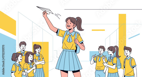 Joyful Students Launching Paper Airplane Symbolizing Freedom, Dreams and Education
