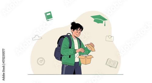 Joyful Student Unboxes Academic Supplies Ready For School And Higher Education Journey