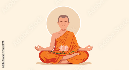 Monk meditating in lotus position with closed eyes and a lotus flower illustration
