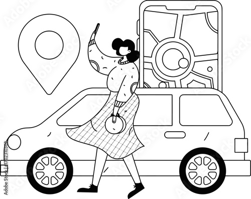 Woman with car featuring navigation app travels to pinpointed location, embodying modern travel and connectivity in a stylized illustration, perfect for digital campaigns