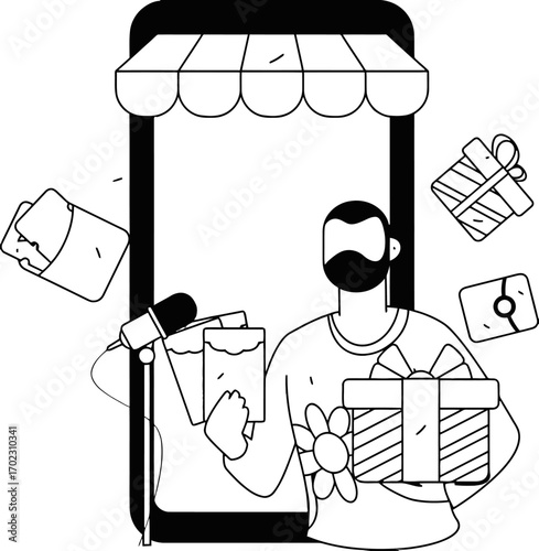 Man holding gift box standing near shop, with floating money and gift icons, making him a social media influencer, sharing the joy of giving and receiving, a modern way to connect