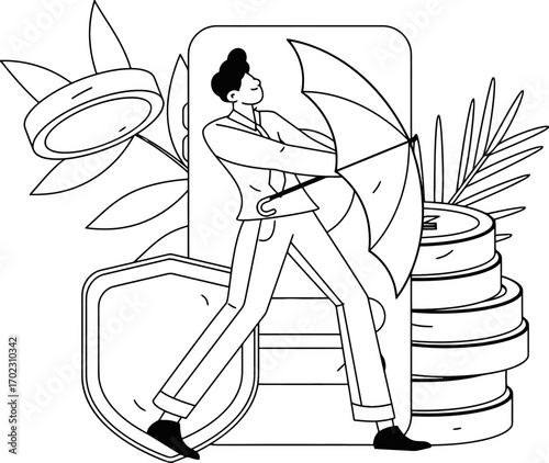 Protecting wealth and securing financial future, thoughtful man with umbrella safeguarding savings, investments, and assets, financial security, shield, line art design