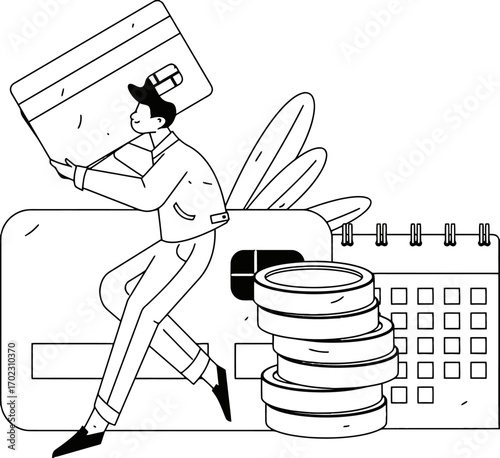 Achieve financial goals with ease, this illustration shows a person with credit card, coins, and a calendar, visualizing financial planning, investment, budgeting, and saving money for future success