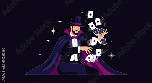 Mysterious Magician Performing Card Tricks With Dazzling Flair On A Dark Background