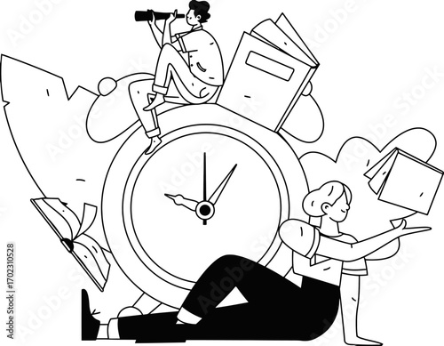 Time management and education concept with students reading books around a giant clock, perfect for illustrating study skills, deadline management, and learning resources in a modern way