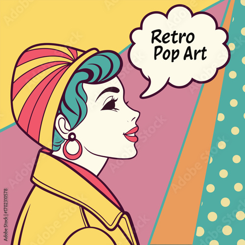 Retro pop art woman with a speech bubble featuring vibrant colors and a classic comic book style illustration