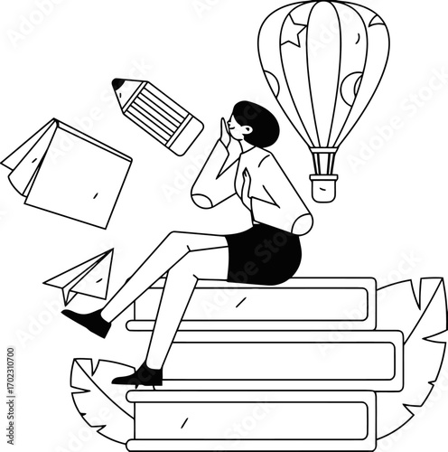 Creative young woman dreaming of success, sitting on a stack of books with a pencil, paper plane, open notebook and hot air balloon representing her imagination and aspirations for the future