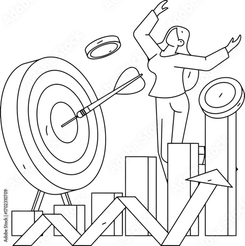 Achieving ambitious business goals with precision and celebrating milestone success, woman reaching new heights with target and chart, demonstrating focus and determination, financial triumph