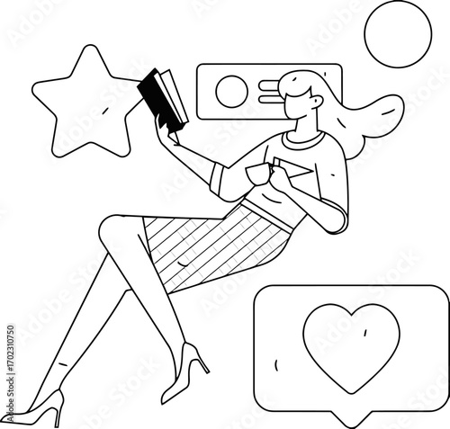 Stylish woman enjoys coffee, reads a book and gets social media likes in a modern illustration, perfect for lifestyle, book clubs, influencer marketing, and creative design projects